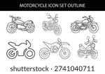 Motorcycle icon set in flat and outline styles with scooter, chopper, cruiser and sport bike silhouette symbols, modern transportation vehicle vectors designs for automotive and motorbike concepts.