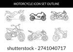 Motorcycle icon set in flat and outline styles with scooter, chopper, cruiser and sport bike silhouette symbols, modern transportation vehicle vectors designs for automotive and motorbike concepts.