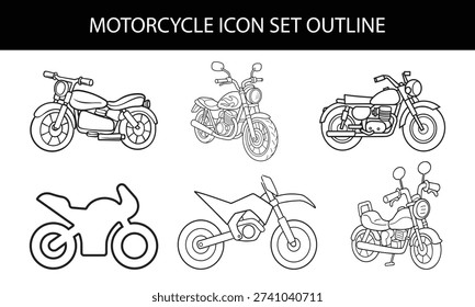 Motorcycle icon set in flat and outline styles with scooter, chopper, cruiser and sport bike silhouette symbols, modern transportation vehicle vectors designs for automotive and motorbike concepts.