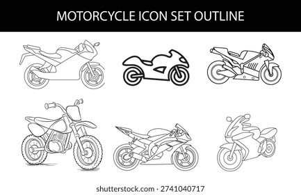 Motorcycle icon set in flat and outline styles with scooter, chopper, cruiser and sport bike silhouette symbols, modern transportation vehicle vectors designs for automotive and motorbike concepts.