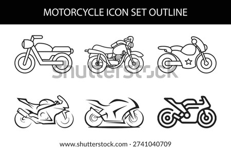 Motorcycle icon set in flat and outline styles with scooter, chopper, cruiser and sport bike silhouette symbols, modern transportation vehicle vectors designs for automotive and motorbike concepts.