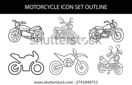 Motorcycle icon set in flat and outline styles with scooter, chopper, cruiser and sport bike silhouette symbols, modern transportation vehicle vectors designs for automotive and motorbike concepts.