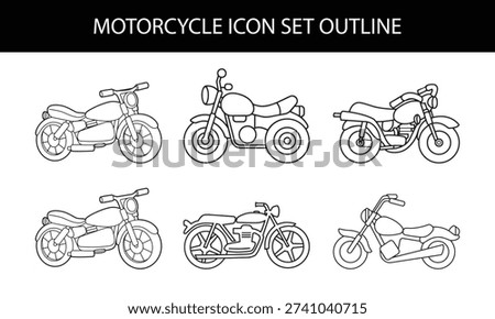 Motorcycle icon set in flat and outline styles with scooter, chopper, cruiser and sport bike silhouette symbols, modern transportation vehicle vectors designs for automotive and motorbike concepts.