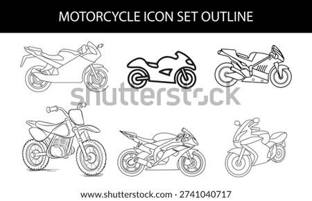 Motorcycle icon set in flat and outline styles with scooter, chopper, cruiser and sport bike silhouette symbols, modern transportation vehicle vectors designs for automotive and motorbike concepts.