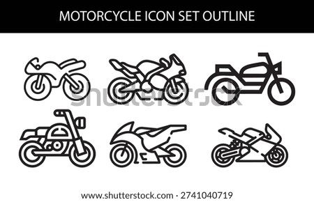 Motorcycle icon set in flat and outline styles with scooter, chopper, cruiser and sport bike silhouette symbols, modern transportation vehicle vectors designs for automotive and motorbike concepts.