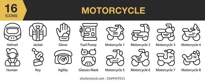 Motorcycle icon set. Includes Bike, Bicycle, Cycle, Motorcycle, Transport, and More. Outline icons vector collection.