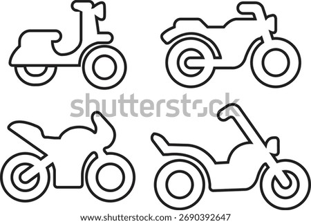 Motorcycle icon set in outline style with scooter, chopper, cruiser and sport bike silhouette symbols, modern transportation vehicle vectors illustration designs for automotive and motorbike concepts.