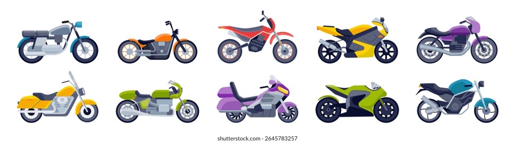 Conjunto de ícones de motocicleta. Adesivos com motos esportivas, scooters da cidade e veículos para mensageiros e entrega. Ciclomotores velozes. Coleção de ilustrações vetoriais planas isoladas no plano de fundo