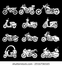 motocicleta Ícone vetor design ilustração logotipo modelo .aventura bicicleta clipart bicicleta preto e branco . Modelo e tipo de motocicleta. Ícones de objetos definidos.