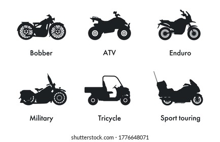 Motorcycle Icon Vector Logo Template. Side view, profile. Types of motorcycles
