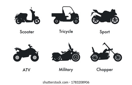 Plantilla de logotipo de vectores de iconos de motocicleta. Vista lateral, perfil. Tipos de motocicletas