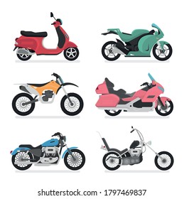 Motorcycle Icon Vector Logo Template. Side view, profile. Flat cartoon style. Scooter,