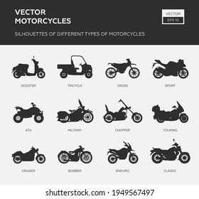 Motorcycle Icon Vector Logo Template. Side view, profile. Types of motorcycles