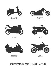 Motorcycle icon vector logo template. Side view, profile. Types of motorcycles