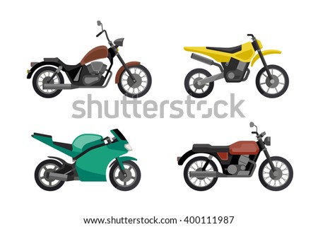 Motorcycle icons set in flat style. Vector illustrations of different type motorcycles.