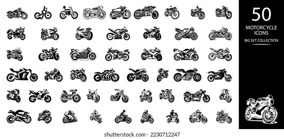 Iconos de motocicleta configuran Ilustración vectorial. Diferentes vehículos de motor ponen iconos negros. Lista de diferentes tipos de motocicletas, conjunto de iconos.