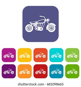 Motorcycle icons set vector illustration in flat style in colors red, blue, green, and other