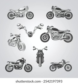 Motorcycle icons, vintage motorcycles, unique icons, and a bike logo with a silver background, Vector illustration