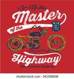 Motorcycle illustration with embroidery effect. Vintage T-Shirt design. Grunge look. Old style. Vector illustration. Grunge effect in separate layer