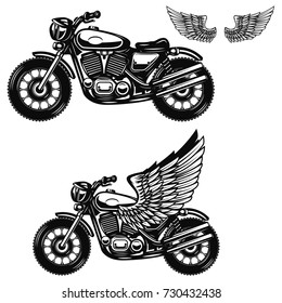 Motorcycle illustration on white background. Winged motorbike. Design elements for logo, label, emblem, sign, badge, poster. Vector illustration