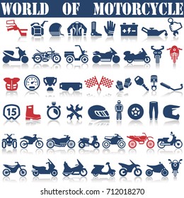 Motorcycle illustration of parts for motorcycle icons set.