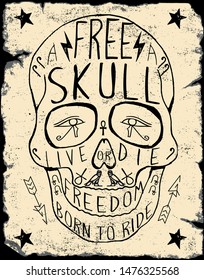 Motorcycle inspired typography skull vector illustration Grunge print template. Vector art.