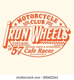 Motorcycle iron wheels typography, t-shirt graphics, vectors