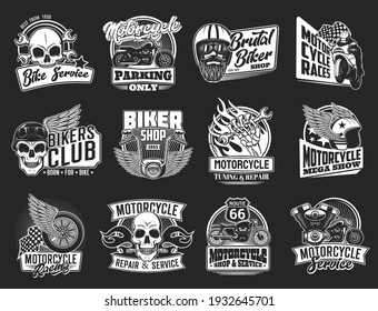 Motorcycle isolated icons of vector biker club and motorsport design. Motor bikes with wing, wheel and skull, rider, helmet, racing flag, wrench and spanner, engine, piston and fire flame emblems