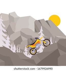 Motorcycle journey through mountain, climbing and descending from mount flat vector illustration. Dangerous sport, motorbike sport on hill. Design poster, banner, greeting card for website.