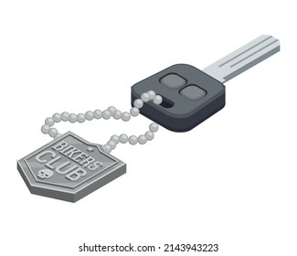 Motorcycle key with silver emblem of bikers club isometric 3d vector illustration