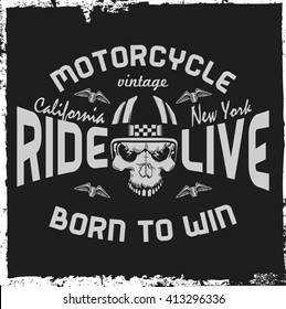 Motorcycle label with hand drawn skull and a helmet. T-shirt design. Vintage label. 