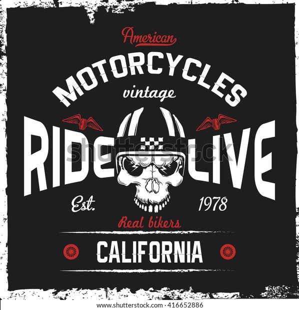 Motorcycle label with hand drawn skull and a\
helmet. T-shirt design. Vintage\
label.