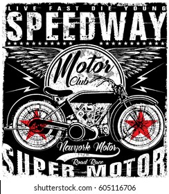 Motorcycle label t-shirt design with illustration of custom chopper