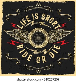 Motorcycle label t-shirt design with illustration of custom chopper