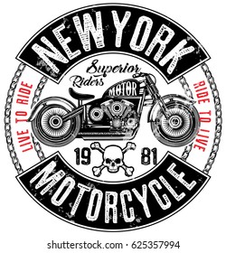 Motorcycle label t-shirt design with illustration of custom chopper