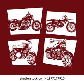 colección de iconos de etiquetas de motocicleta, sobre fondo rojo