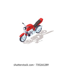 Motorcycle with lighter on front and leather upholstery on seat isolated isometric 3d vector illustration on white background. Dangerous fast red vehicle.