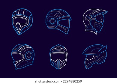 Motorcycle line art helmets vector illustration set. Pop Art logos on black background for Hard Enduro t-shirt, Touring bike poster, Motocross clothing, Jet merch, Chopper apparel, badge design.