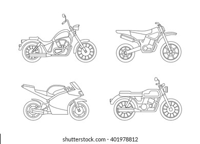 Motorcycle line icons set. Vector illustrations of different type motorcycles.