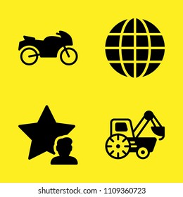 motorcycle, loader, earth globe symbol of grid and star vector icon set. Sample icons set for web and graphic design