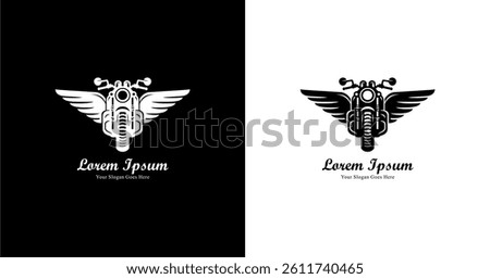 Motorcycle logo design with wings and front view