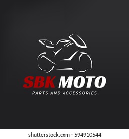 Motorcycle logo on dark background. Modern racing superbike silhouette.