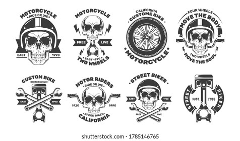 Motorcycle logos with skulls, wheels and service tools. Emblems, labels, badges. Vector design 