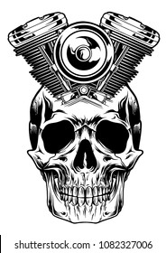 Motorcycle Machine Skull Black and White Emblem Vector Illustration