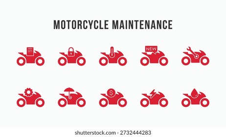 Motorcycle maintenance icons set. Engine, protection, electrical, oil, cost, wrench symbol icon sign collections