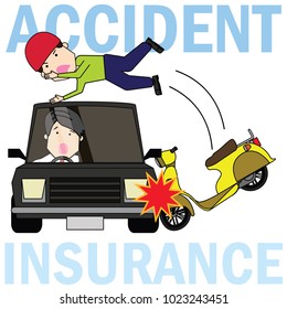 Motorcycle man collide with side of car radically. Flat vector illustration concept.