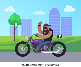 Motorcycle man riding in city roads, biker smiling showing peace sign with help of hand fingers, buildings and cityscape of town vector illustration