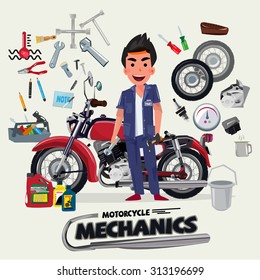 motorcycle mechanics with tool kit. character design - vector illustration