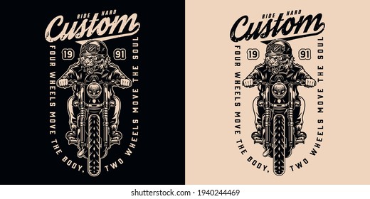 Motorcycle monochrome vintage print with inscriptions and angry tiger biker riding motorbike on dark and light backgrounds isolated vector illustration