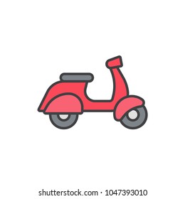 Motorcycle, moped, red scooter flat line colored icon.